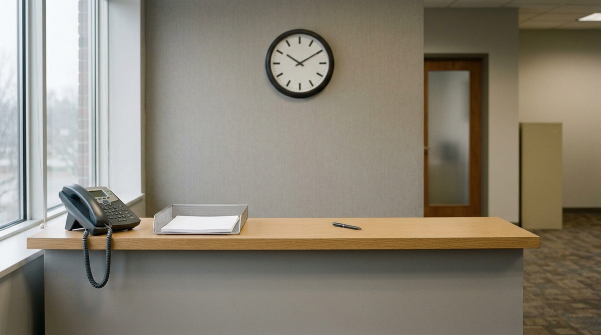 A small plain office counter with a corded telephone, a wire tray of blank sheets and an unnumbered wall clock, nobody present