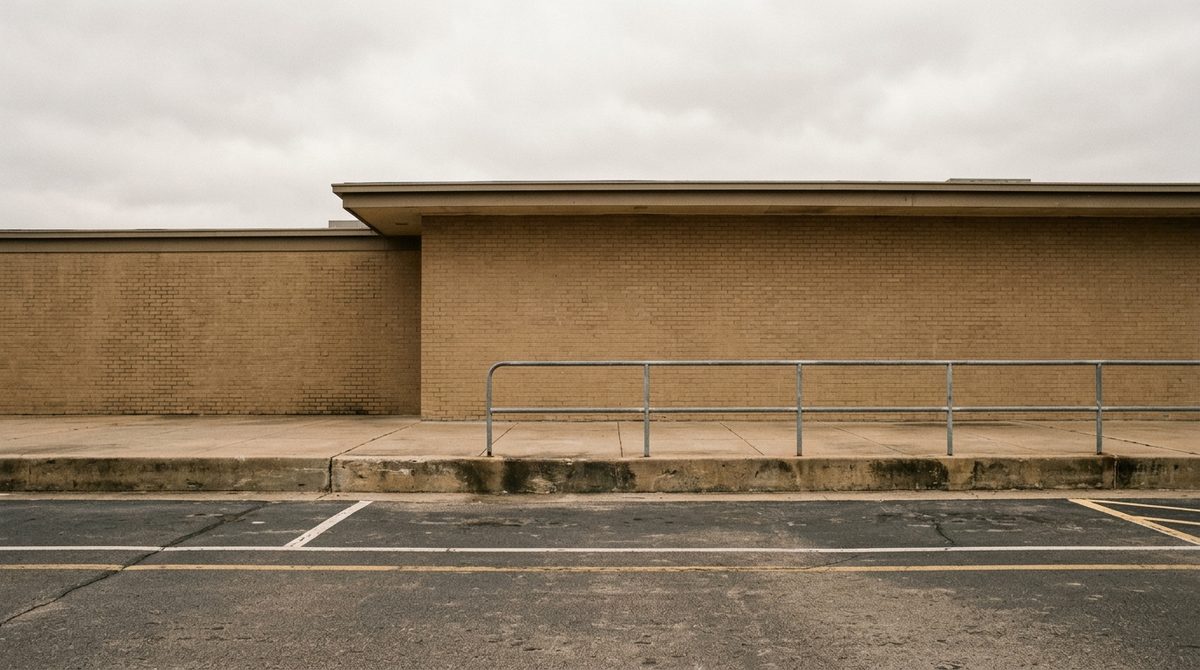 An empty curbside pickup lane outside a plain tan brick building under a pale overcast sky, with a wide concrete sidewalk and a steel handrail