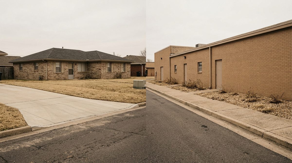Two empty American curbs side by side in one frame: a residential concrete driveway apron on the left, a plain commercial service curb on the right