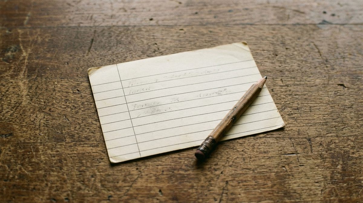 A single ruled index card lying alone on a worn wooden counter with a blunt pencil across one corner, the writing too small to read